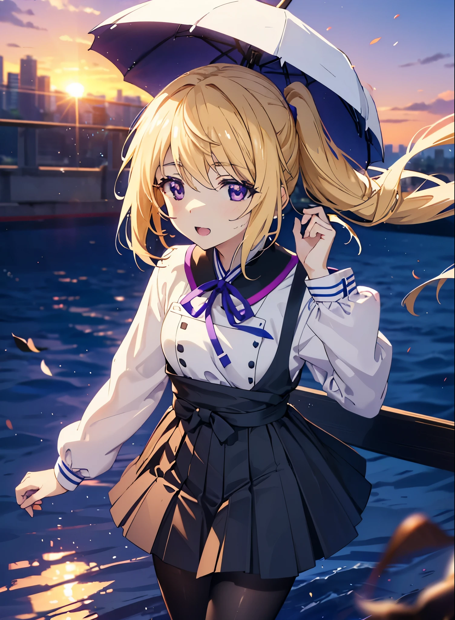 charlotte denois, Charlotte Dunois, long hair, blonde hair, ribbon, (purple eyes:1.1), ponytail,happy smile, smile, open your mouth, break , japanese high school girl uniform(black sailor suit),black pleated skirt,white pantyhose,brown loafers,walk,sunset,evening,the sun goes down,look from top to bottom,break outdoors, city,building street, break looking at viewer, Upper body,break (masterpiece:1.2), highest quality, High resolution, unity 8k wallpaper, (shape:0.8), (fine and beautiful eyes:1.6), highly detailed face, perfect lighting, Very detailed CG, (perfect hands, perfect anatomy),