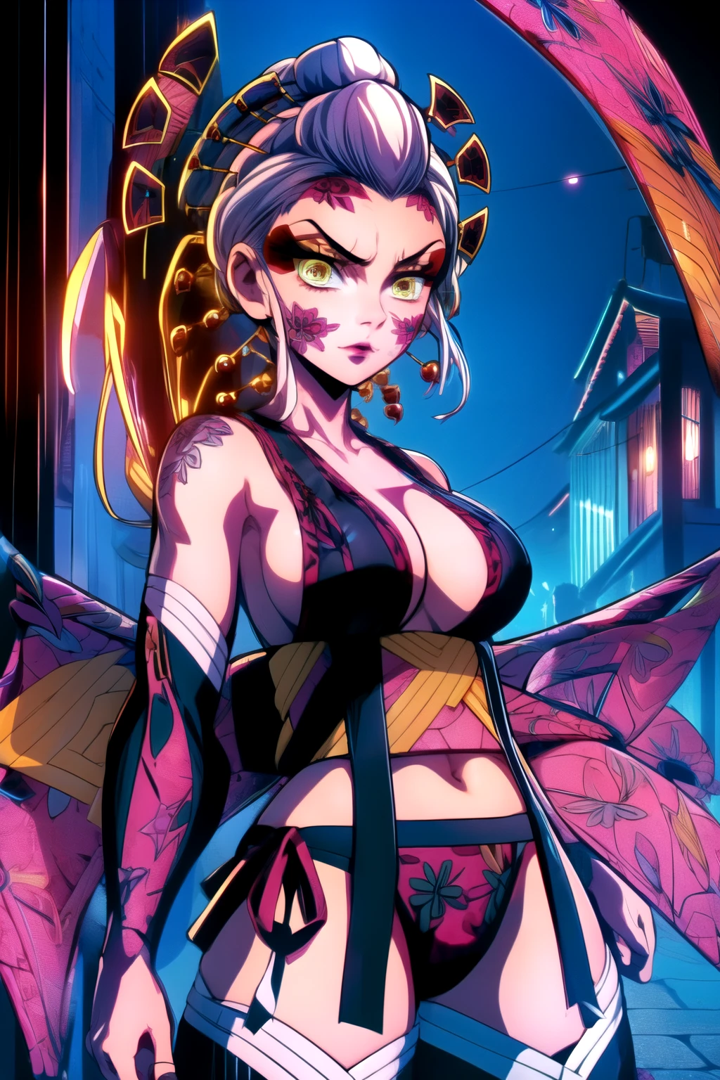 cute face, perfect face, ultra detailed,detailed face, 8k wallpaper, wide hips, DakiDM_NDV, 1girl, demon eyes, yellow eyes, white hair, japanese clothes, hair ornament, facial mark, thighhighs, makeup, side-tie panties, sideboob,cowboy shot,background old town ,night time ,moon