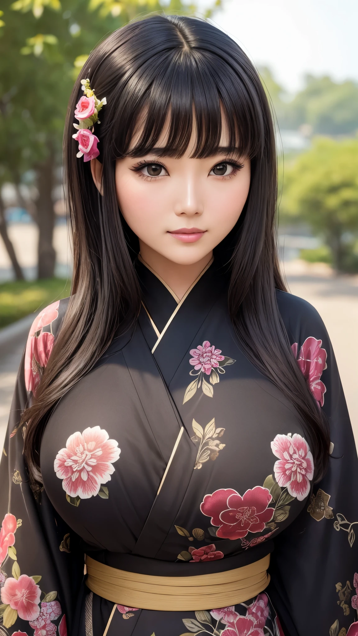 ((highest quality)), ((8k)), (detailed face), (highlight), female、Big breasts、bangs、black hair、Patterned kimono、