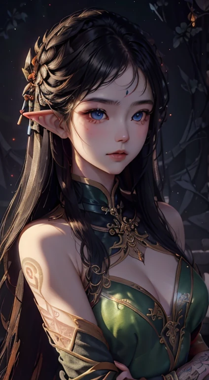 1girl, elf, female, masterpiece, extremly detailed, ((Cinematic orange lighting)), (glowing), ((dramatic lighting)), ((beautiful detailed glow)), ((faint orange light)), intricate detail, lens flare, black hair, long hair, tattoos, (red glow), red glowing tatoo, red tattoos, (simple), black leather cloth, leather armor, (black), light smile, green eyes, leaning, street, dark background, brick wall, floating hair, floating hair, looking at viewer, at night