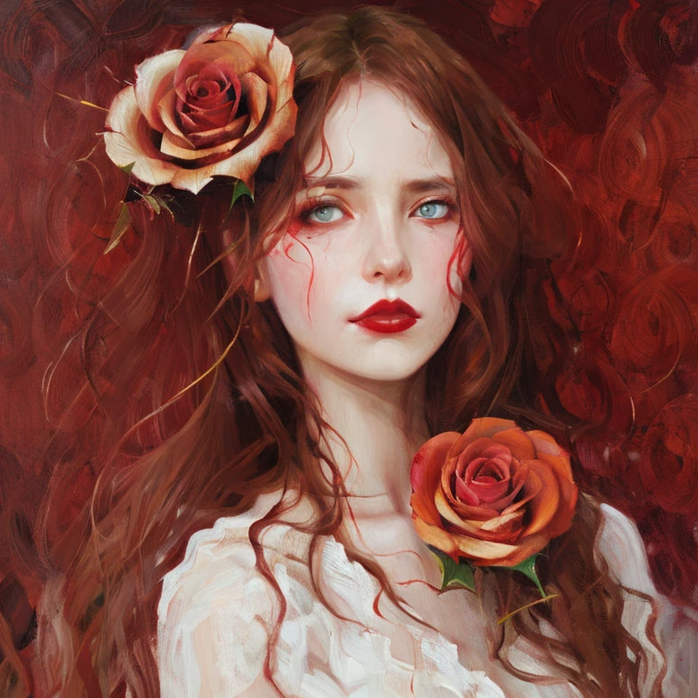girl is in pain, dark brown hair, hazel eyes, fair skin, red lips, long half wavy hair, beautiful, she's holding a dead rose with a thorn on it.her eyes is crying with pain and fear on it.portait painting 