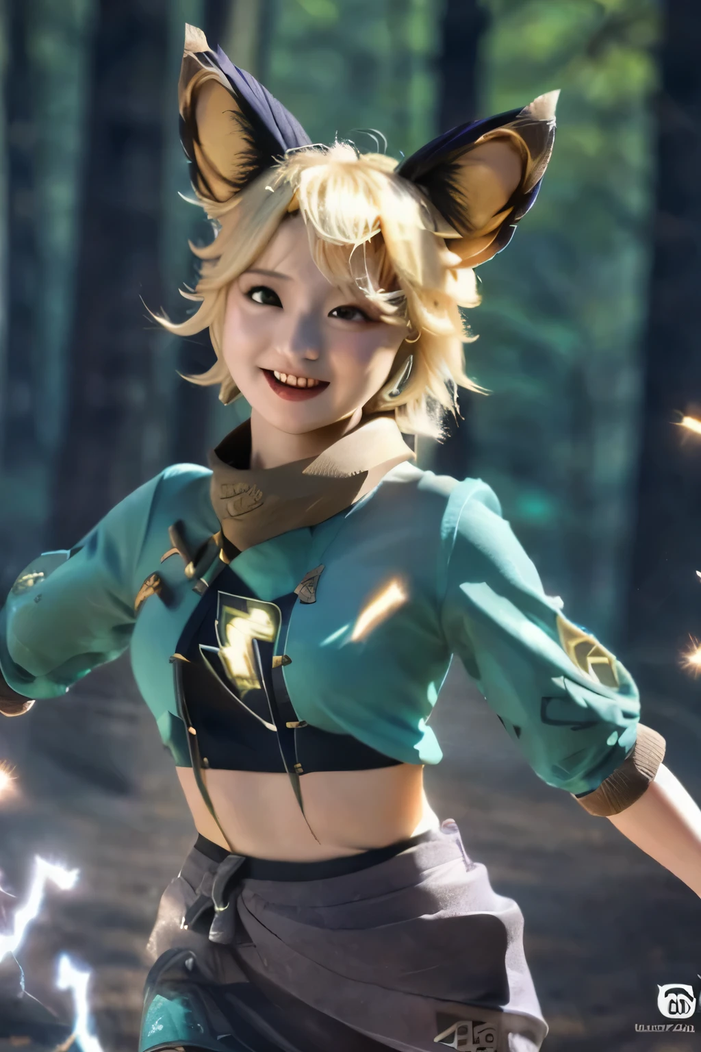 (masterpiece, best quality, high quality, highres, ultra-detailed),Joy_mlbb,1girl,short hair,blonde,animal ears,tail,midriff,navel,detailed eyes,electricity, running,