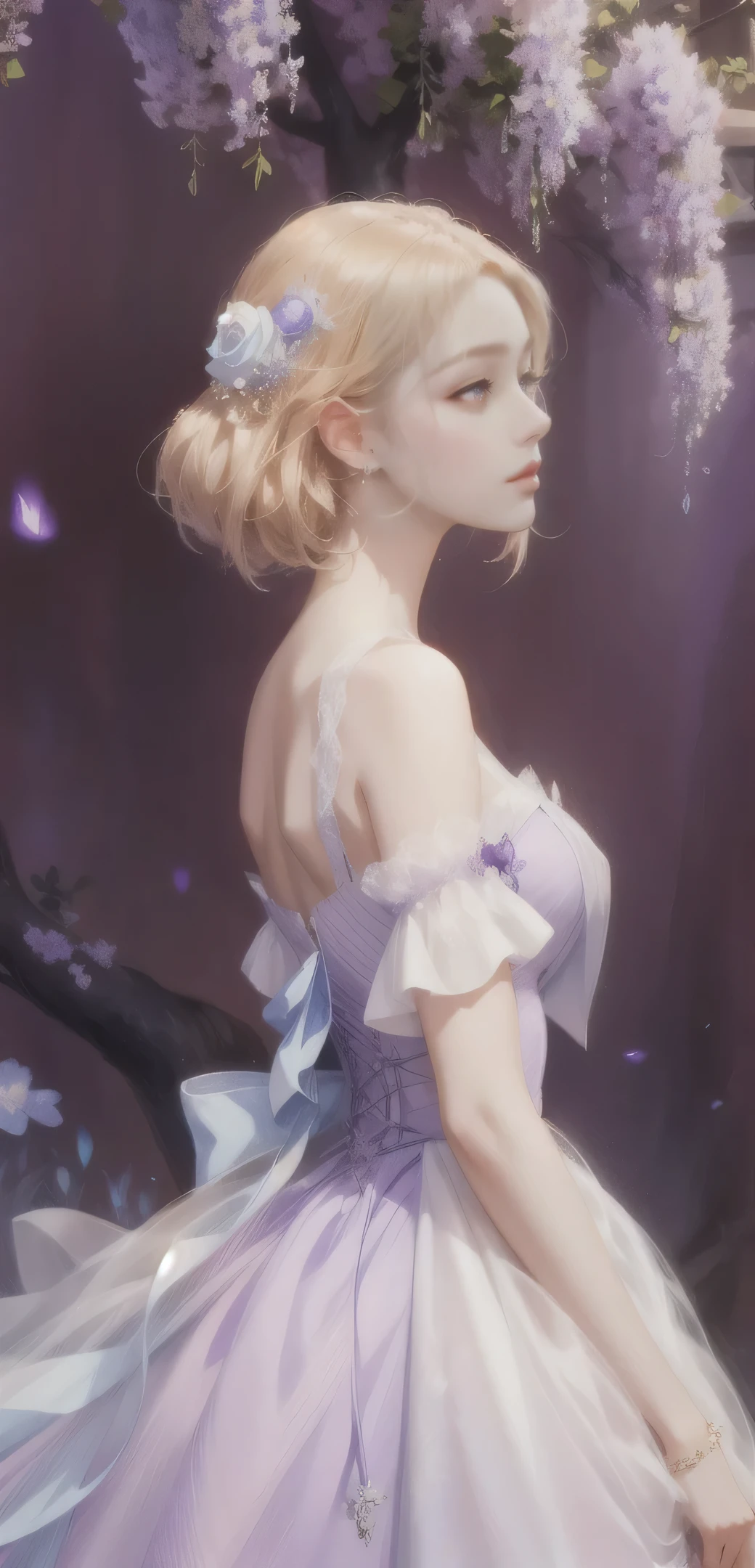 there is a woman in a purple dress standing under a tree, artwork in the style of guweiz, guweiz, guweiz on artstation pixiv, guweiz on pixiv artstation, detailed digital anime art, a beautiful artwork illustration, beautiful anime portrait, fantasy art style, 8k high quality detailed art, fanart best artstation