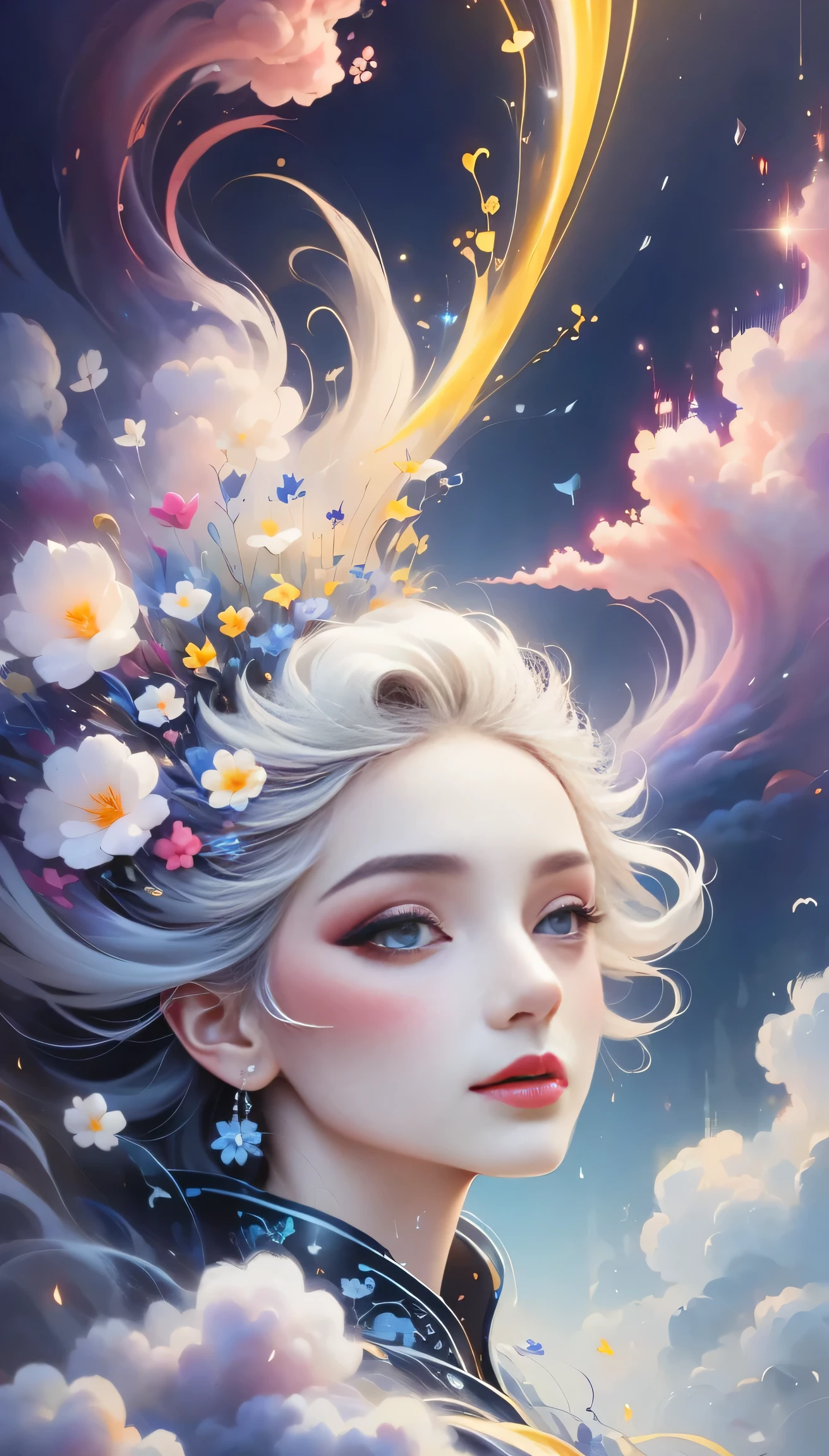 (((White cloud background))), (((high saturation))), ((Surrounded by splashes of color)))) Super detailed, Beautiful and beautiful, masterpiece, best quality, (tangled, mandala, tangled, twist), (Fractal art: 1.3), 1 girl, Very detailed, dynamic angle, cowboy shooting, Chaos in its most beautiful form, elegant, brutalist design, bright colors, romanticism, Michael Mraz, Adrian Gurney, Petra Courtright, Atmospheric, ecstatic notes, Mobile notes are visible