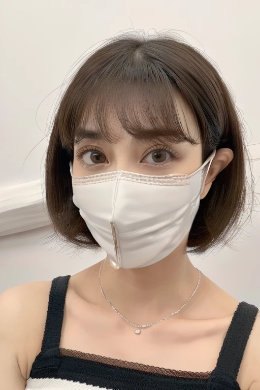 (table top, highest quality、ultra high resolution、face focus focus、focus on the sides、navel focus、decolletage focus、very attractive beauty、Add intense highlights to your eyes、look closely at the camera:1.4、Absolutely beautiful bangs:1.4、Brunette short bob hair with bangs:1.4),1 girl, Report, black haired, realistic, looking at the viewer, pale black eyes, short hair, lips, lip gloss, Upper body、Big eyes、eyelash)、((white background、hyper real stick:1.4))、((short hair with bangs:1.4、Beautiful bangs with 46 points:1.4、{Huge|big|Hugeな|mega} chest:2, cleavage:2、Big eyes、Give students very powerful highlights、very bigger chest、look at the audience、very beautiful beauty、show me your ears、beautiful long neck、beautiful decollete))、28 years old、Very cute Japanese supermodel、perfect anatomy、portrait:1.6、(plain face mask:2)