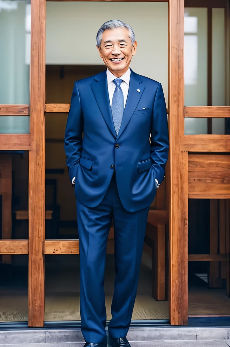 President of a large company, 60 years old japanese men standing up straight、suit、smile
