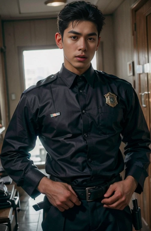 1 handsome Asian guy,27岁policeman,arafed male police 官 in walking down a hallway, , wearing nothing , kinky police , open outfit: police expose the huge penis , , majestic,Who is Shi Yu?, Li Yuanbin, Kim Hyung Tae, Kim Hyung Tae, Yin Shishan, Handsome Asian muscular guy,Broad shoulders and narrow waist,A handsome guy in police uniform,Form-fitting fabric contours the bust,in a remote warehouse,hands tied behind back,Hands tied behind the back,hands tied behind back,Masculine and sexy,High,Muscles look good,hairy body,Wheat complexion,black eyes(thin eyes 1:3),whole body image, full naked, huge penis, manly penis, big ass