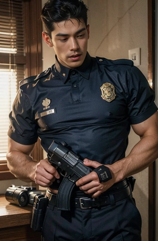ung handsome guy,20-25 years old,police officers,Interpol,Police Department,With a gun,Handsome,musculous,Thin muscles,hairy bodies,Police uniform(Fine eye 1:3),Black eyes,full bodyesbian,full bodyesbian ,epic realism, epic photorealistic , puffy nipples , swollen nipples ,sexy , eroticism , thing