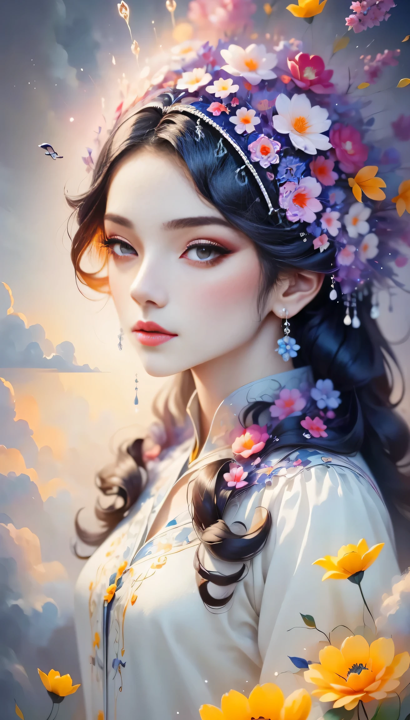 (((White cloud background))), (((high saturation))), ((Surrounded by splashes of color)))) Super detailed, Beautiful and beautiful, masterpiece, best quality, (tangled, mandala, tangled, twist), (Fractal art: 1.3), 1 girl, Very detailed, dynamic angle, cowboy shooting, Chaos in its most beautiful form, elegant, brutalist design, bright colors, romanticism, Michael Mraz, Adrian Gurney, Petra Courtright, Atmospheric, ecstatic notes, Mobile notes are visible
