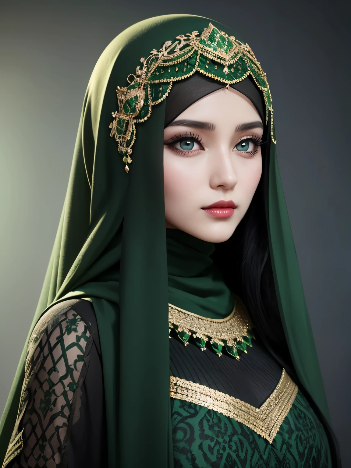 Arabic woman with very longest black hair, wearing Green Islamic clothes with black patterns and wearing a green veil decorated with patterns, red lips,blue eyes, high face quality ,round face ,Wide broad face, 3d rendering style 