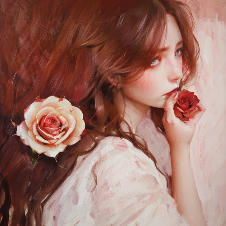 girl is in pain, dark brown hair, hazel eyes, fair skin, red lips, long half wavy hair, beautiful, she's holding a dead rose with a thorn using her hand.her eyes is crying with pain and fear on it.portait painting.half side view
