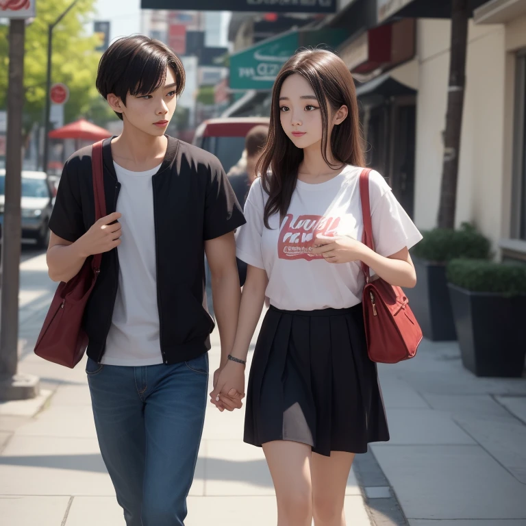 A cute korean girl wearing a school unifrom walking to a cafe with her boyfreind, boyfreind is cute, badboy holding hands, girl is blushing.