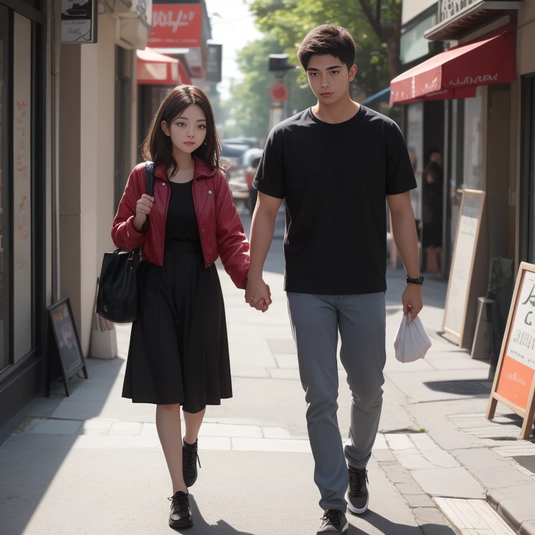 A cute korean girl wearing a school unifrom walking to a cafe with her boyfreind, boyfreind is cute, badboy holding hands, girl is blushing.