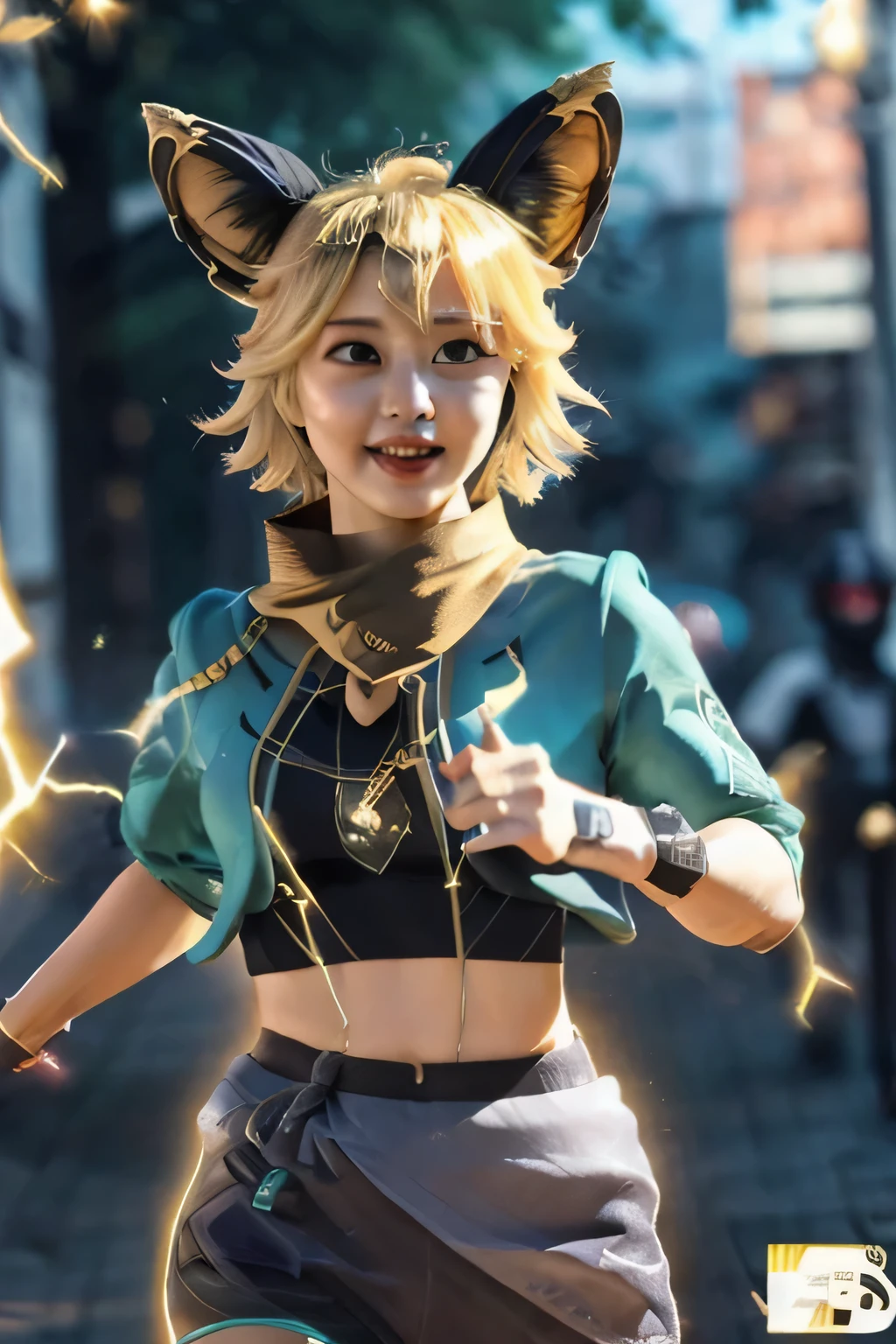 (masterpiece, best quality, high quality, highres, ultra-detailed),Joy_mlbb,1girl,short hair,blonde,animal ears,tail,midriff,navel,detailed eyes,electricity, running,