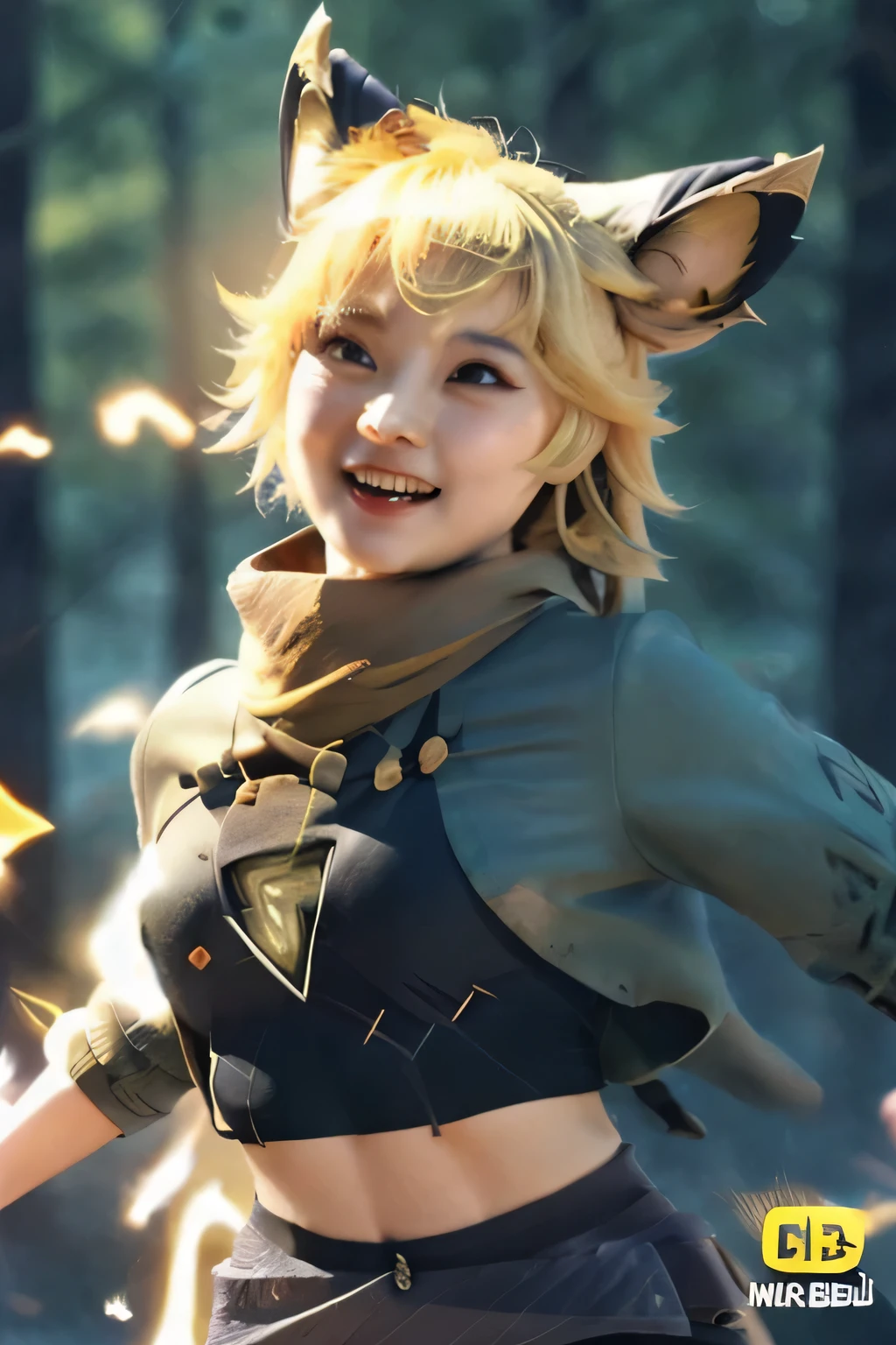 (masterpiece, best quality, high quality, highres, ultra-detailed),Joy_mlbb,1girl,short hair,blonde,animal ears,tail,midriff,navel,detailed eyes,electricity, running,