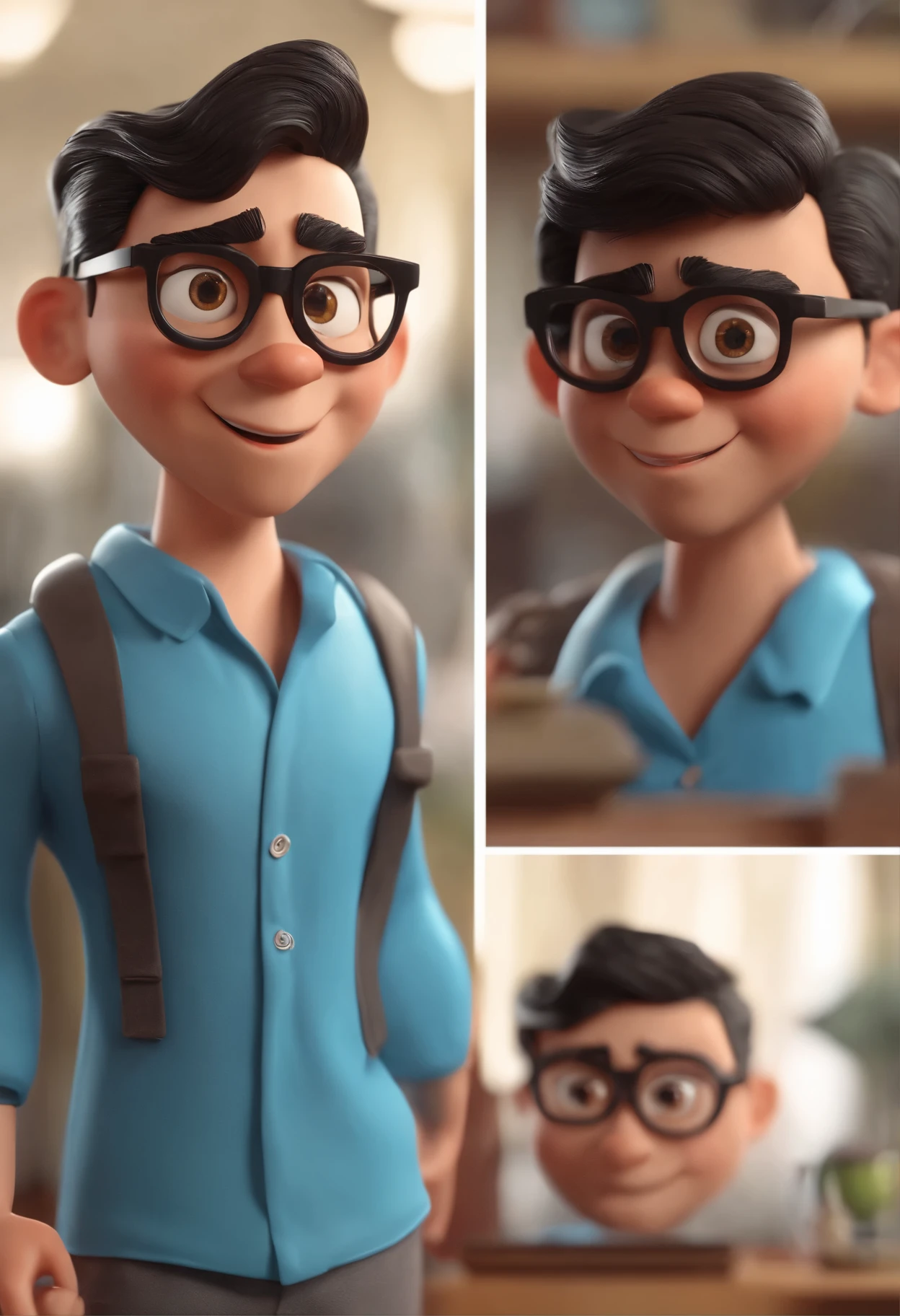 Cartoon character of a man with black glasses and a blue shirt, animation character, Caractere estilizado, animation style rendering, 3D estilizado, Arnold Maya render, 3 d render stylized, toon render keyshot, Personagem 3D, Personagem 3D, 3d rendering stylized, 3 d character render, personagem de desenho animado, Personagem de close up, Pose de personagem,  (Estilo Pixar) (master part:1.2) (Bokeh) (best quality) (pele detalhada) (textura detalhada) (8k) (argila) (Cinematic lighting) (sharp focus