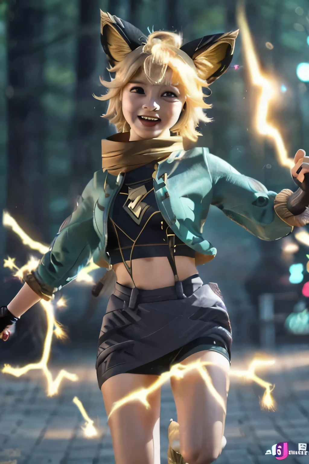 (masterpiece, best quality, high quality, highres, ultra-detailed),Joy_mlbb,1girl,short hair,blonde,animal ears,tail,midriff,navel,detailed eyes,electricity, running,