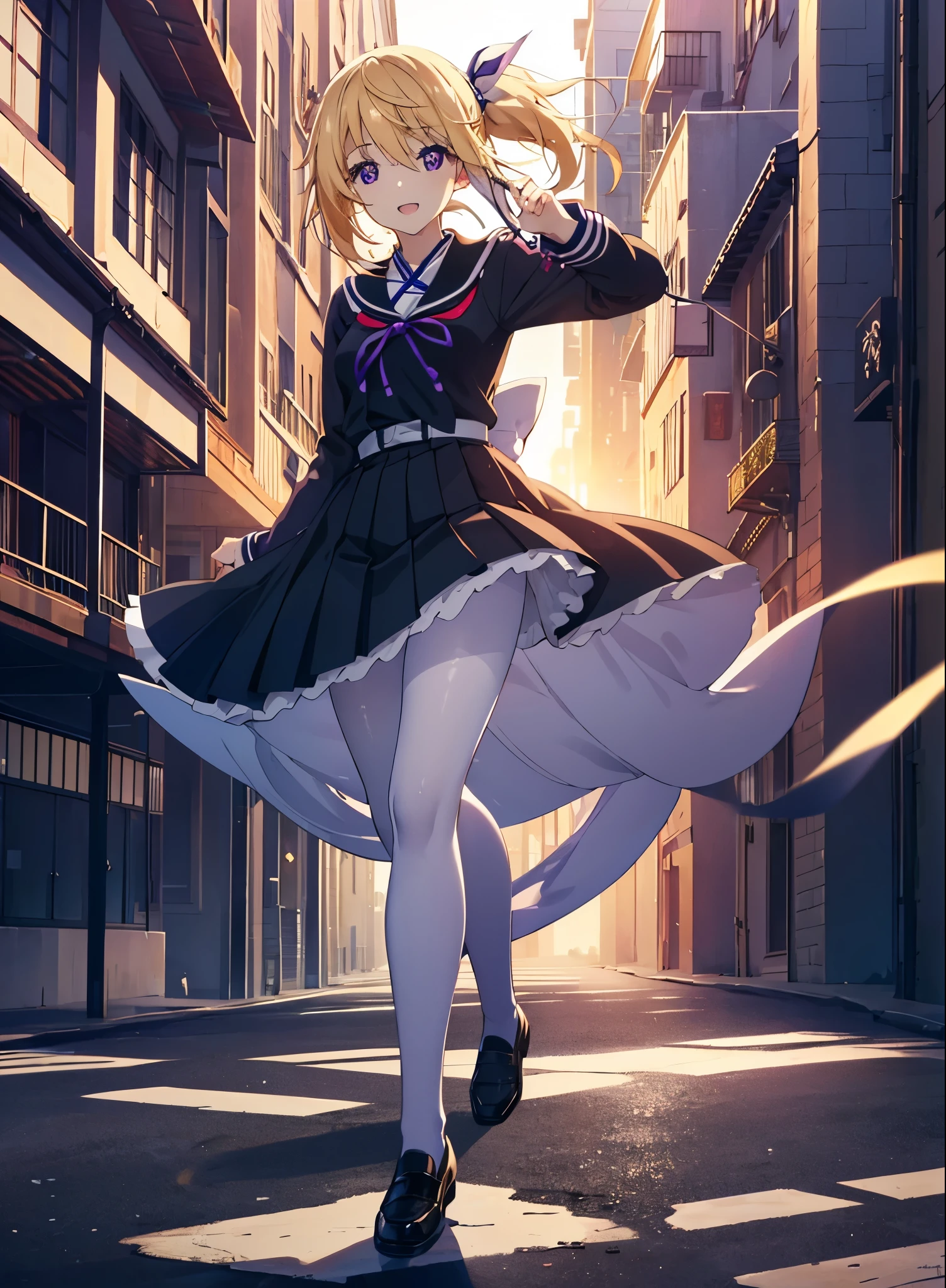 charlotte denois, Charlotte Dunois, long hair, blonde hair, ribbon, (purple eyes:1.1), ponytail,happy smile, smile, open your mouth, break , japanese high school girl uniform(black sailor suit),black pleated skirt,white pantyhose,brown loafers,walk,sunset,evening,the sun goes down,look from top to bottom,break outdoors, city,building street, break looking at viewer, Upper body,break (masterpiece:1.2), highest quality, High resolution, unity 8k wallpaper, (shape:0.8), (fine and beautiful eyes:1.6), highly detailed face, perfect lighting, Very detailed CG, (perfect hands, perfect anatomy),