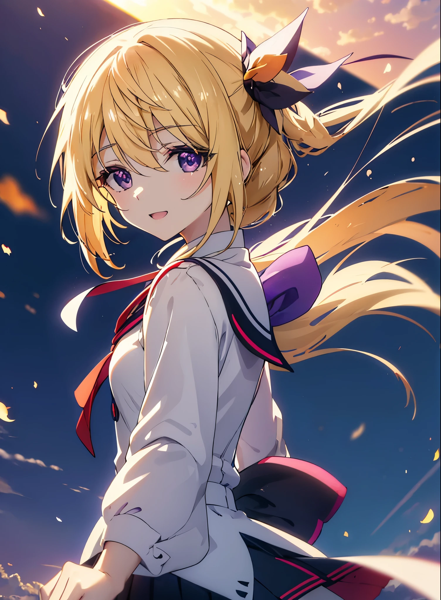 charlotte denois, Charlotte Dunois, long hair, blonde hair, ribbon, (purple eyes:1.1), ponytail,happy smile, smile, open your mouth, break , japanese high school girl uniform(black sailor suit),black pleated skirt,white pantyhose,brown loafers,walk,sunset,evening,the sun goes down,look from top to bottom,break outdoors, city,building street, break looking at viewer, Upper body,break (masterpiece:1.2), highest quality, High resolution, unity 8k wallpaper, (shape:0.8), (fine and beautiful eyes:1.6), highly detailed face, perfect lighting, Very detailed CG, (perfect hands, perfect anatomy),