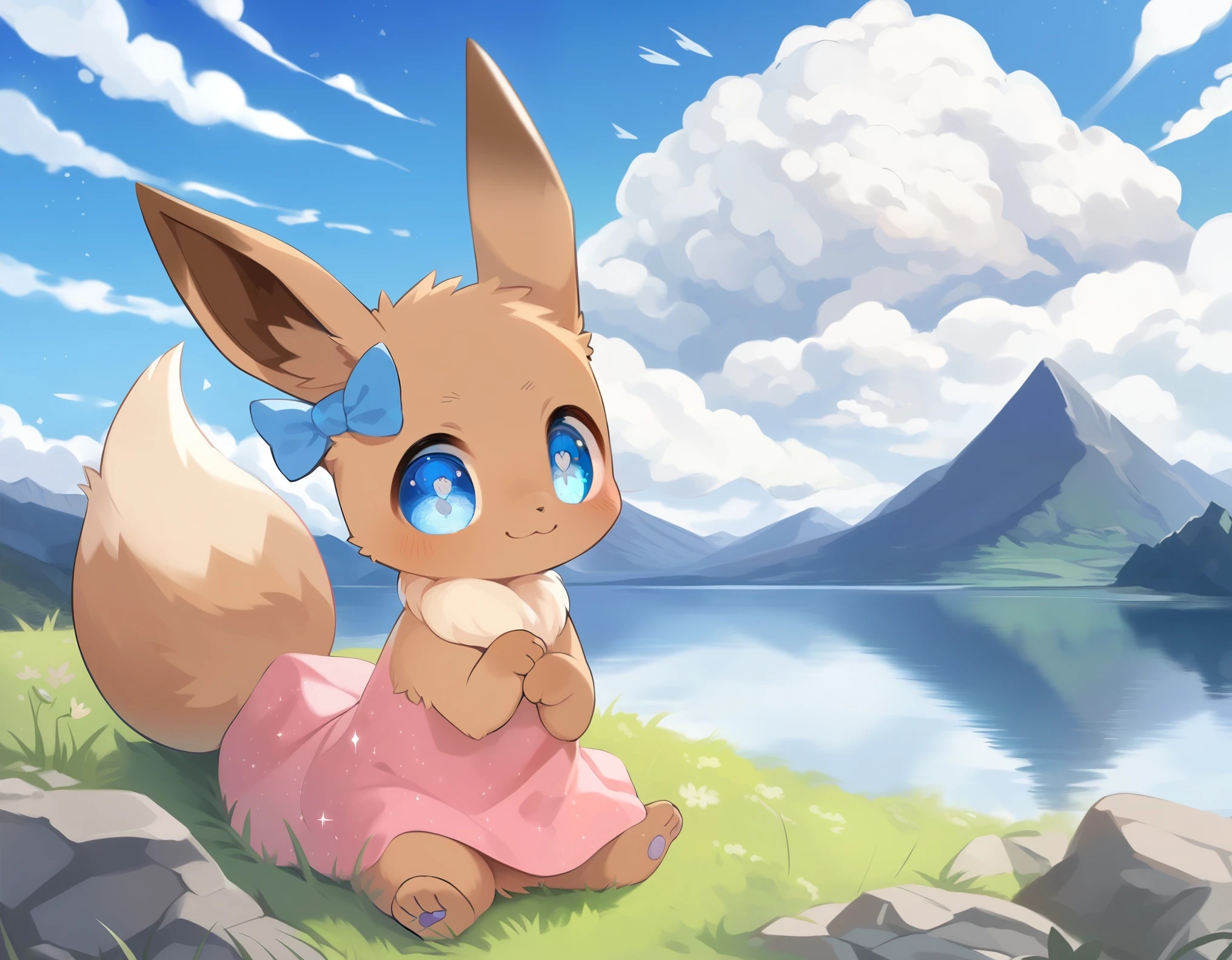 an adorable young (feral) kemono eevee, tiny little fluffy girl with a blue ribbon in her hair and a cute little pink (dress, clothed feral:1.2), she is sitting on a tuft of grass and she has an adorable expression that makes you say (daww), with big (blue eyes) and (dilated pupils) she melts your heart, <3, she is in front of a beautiful background comprising of a sparkling (lake), a tall (mountain), a clear blue sky and vast (ulonimbus clouds), her long brown fur swaying in the wind. detailed background, masterpiece, best quality, hair ribbon