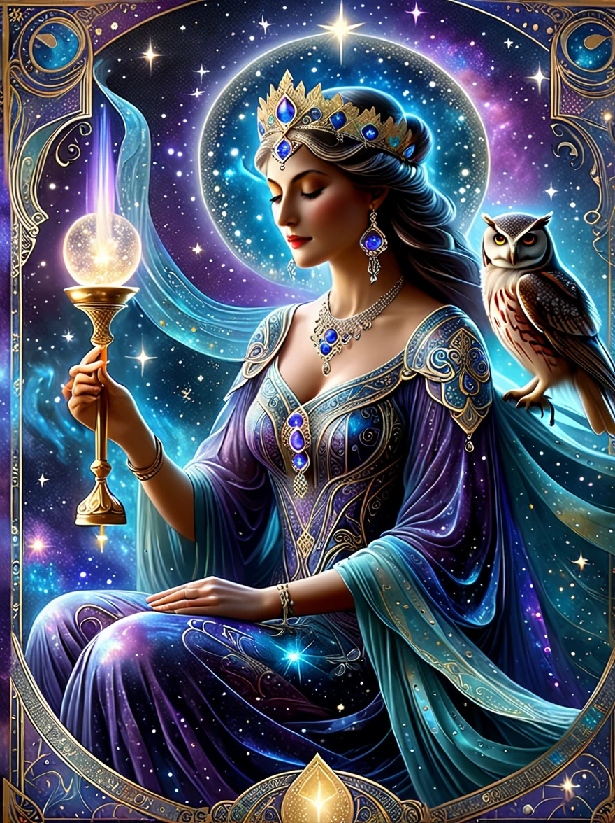 (tarot card:1.6), Envision a mystical tarot card floating amidst a cosmic backdrop of twinkling stars and swirling galaxies. The card is the 'The High Priestess,' represented by a regal figure sitting between two pillars, a crescent moon at her feet and a tapestry of pomegranates behind her. She holds an ancient scroll and her eyes are filled with the wisdom of the ages. Around her, ethereal forms and symbols emerge, such as an owl for wisdom, a crown for authority, and a veil for mystery. The colors are vibrant yet possess a dreamlike quality, with deep blues, purples, and silvers that shimmer against the cosmic void. The image evokes a sense of deep intuition and the unknowable secrets of the universe.