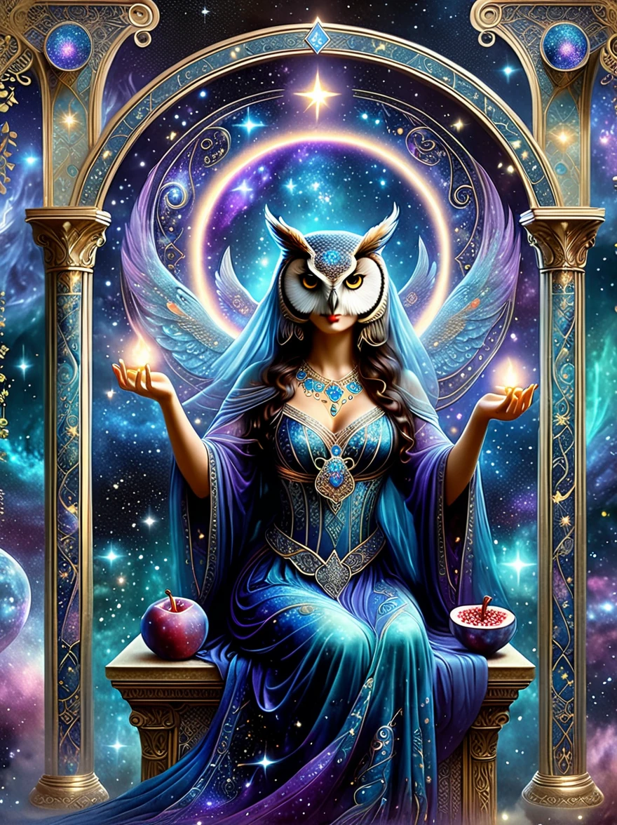 (tarot card:1.6), Envision a mystical tarot card floating amidst a cosmic backdrop of twinkling stars and swirling galaxies. The card is the 'The High Priestess,' represented by a regal figure sitting between two pillars, a crescent moon at her feet and a tapestry of pomegranates behind her. She holds an ancient scroll and her eyes are filled with the wisdom of the ages. Around her, ethereal forms and symbols emerge, such as an owl for wisdom, a crown for authority, and a veil for mystery. The colors are vibrant yet possess a dreamlike quality, with deep blues, purples, and silvers that shimmer against the cosmic void. The image evokes a sense of deep intuition and the unknowable secrets of the universe.