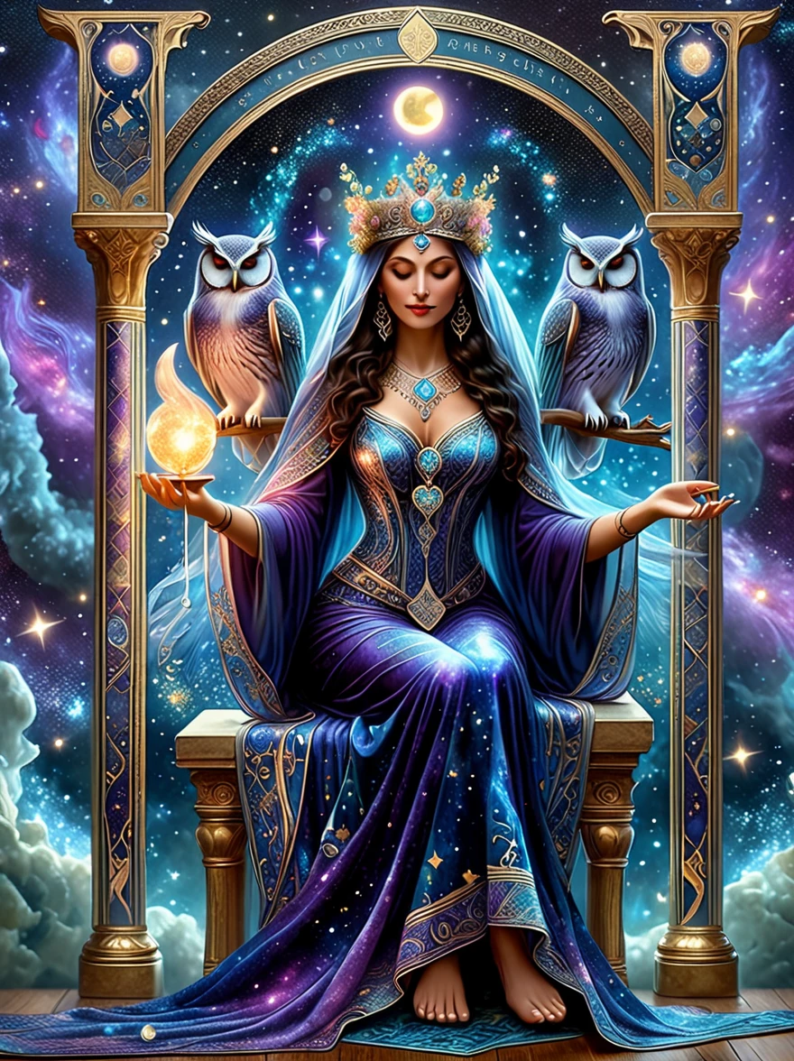 (tarot card:1.6), Envision a mystical tarot card floating amidst a cosmic backdrop of twinkling stars and swirling galaxies. The card is the 'The High Priestess,' represented by a regal figure sitting between two pillars, a crescent moon at her feet and a tapestry of pomegranates behind her. She holds an ancient scroll and her eyes are filled with the wisdom of the ages. Around her, ethereal forms and symbols emerge, such as an owl for wisdom, a crown for authority, and a veil for mystery. The colors are vibrant yet possess a dreamlike quality, with deep blues, purples, and silvers that shimmer against the cosmic void. The image evokes a sense of deep intuition and the unknowable secrets of the universe.