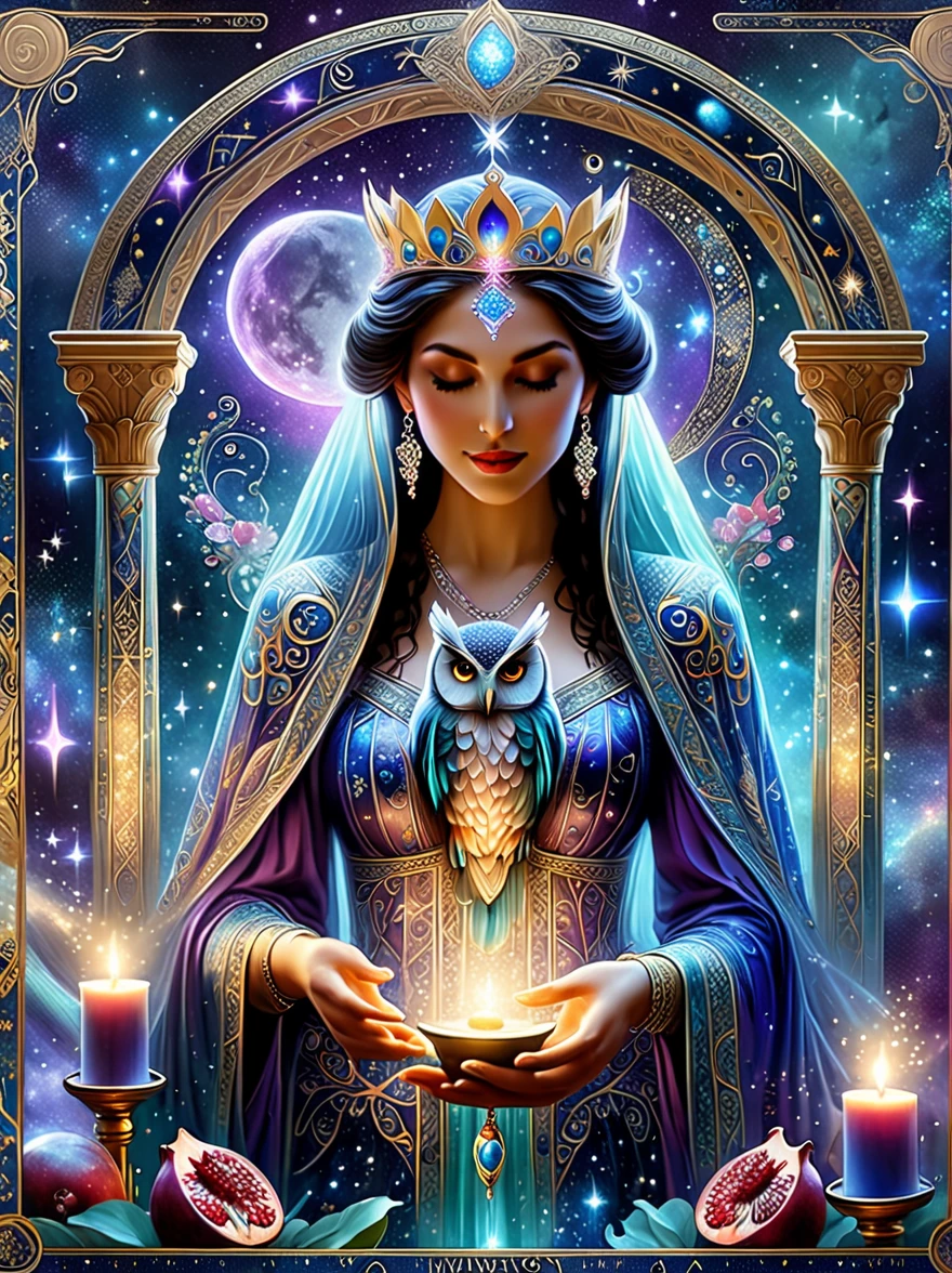 (tarot card:1.6), Envision a mystical tarot card floating amidst a cosmic backdrop of twinkling stars and swirling galaxies. The card is the 'The High Priestess,' represented by a regal figure sitting between two pillars, a crescent moon at her feet and a tapestry of pomegranates behind her. She holds an ancient scroll and her eyes are filled with the wisdom of the ages. Around her, ethereal forms and symbols emerge, such as an owl for wisdom, a crown for authority, and a veil for mystery. The colors are vibrant yet possess a dreamlike quality, with deep blues, purples, and silvers that shimmer against the cosmic void. The image evokes a sense of deep intuition and the unknowable secrets of the universe.