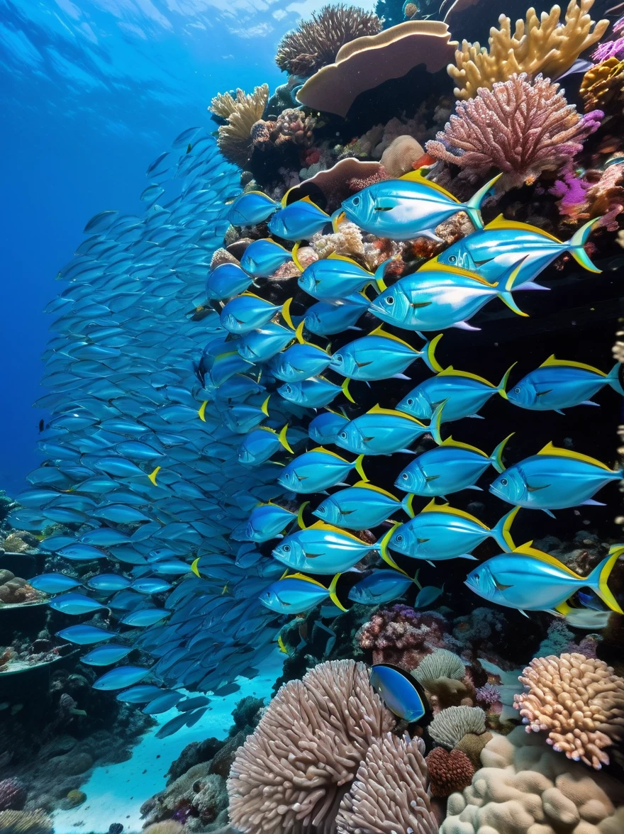 a school of glass transparent blue fin tuna fish swimming at vibrant living corals