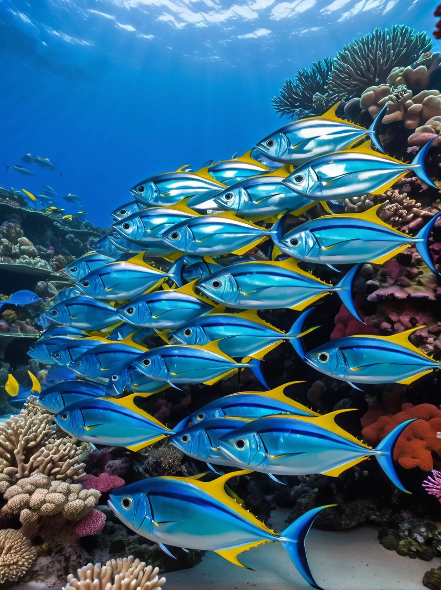 a school of glass transparent blue fin tuna  fish swimming at vibrant living corals