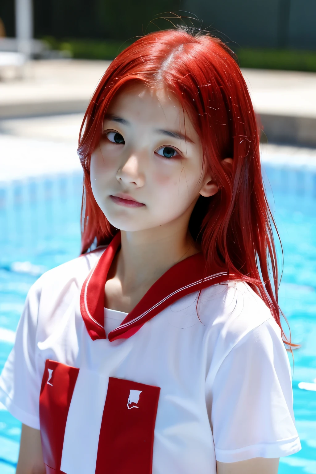 12 year old girl, red hair, white shirt, wet