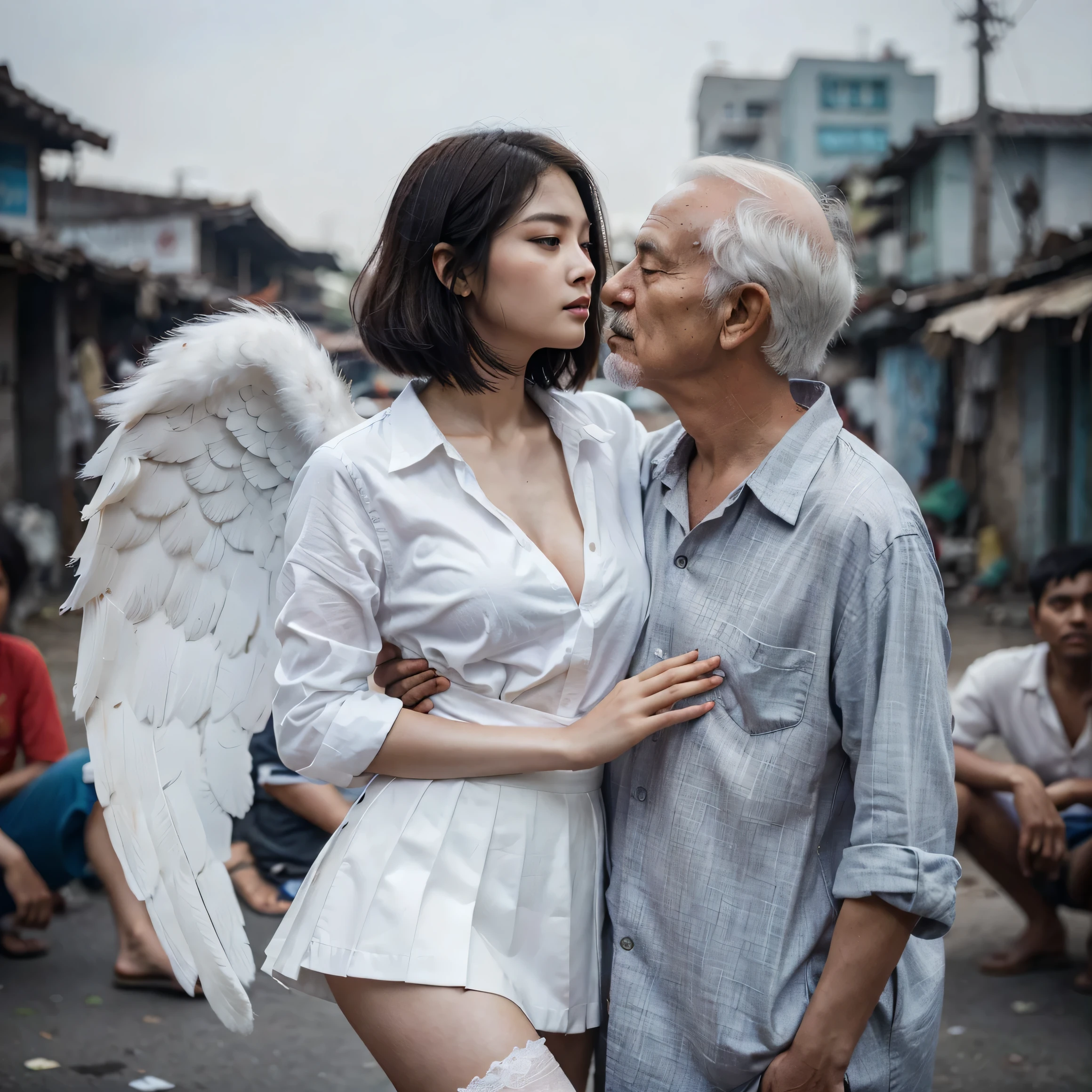 there is a woman kissing an older man with wings on his head, realistic cosplay, angel protecting man, heaven, artwork in the style of guweiz, by Russell Dongjun Lu, by Fei Danxu, by Wen Zhenheng, angel protecting woman, by Bian Jingzhao, interesting angle, beautiful realistic photo, yanjun chengtBeautiful Korean woman in short white skirt and white long sleeve shirt, short hair, the woman's lips are red, the woman's eyes are white, the woman had a pair of large white bird wings, the woman and the man looked into each other's eyes, woman and homeless old man Indian youth kissing affectionately, location in a slum village in India, dark sky, Telephoto lens shot, realistic photos, sharp details, long distance