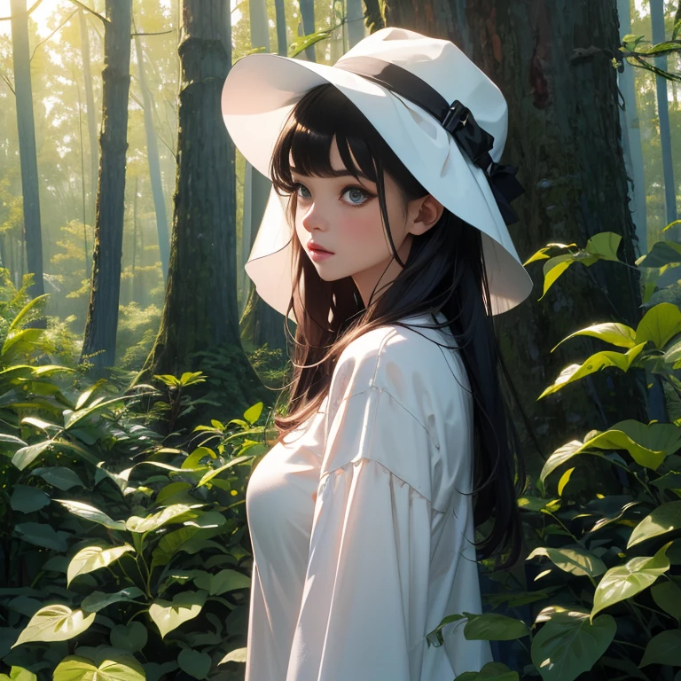 1girl, white_veil_hat, masterpiece, 8k, best quality, photorealistic,black_hair, long_hair, long_sleeves, looking_at_viewer, solo, white_shirt, (big breasts:0.7),
outdoors,(((forest))),dark light,((dawn)),(dense vegetable),((bush)), big trees,