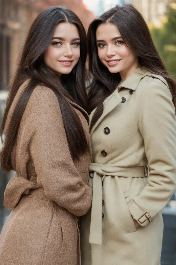 Professional photograph, best quality, 8K, hyper detailed, half body, A close up portrait of two gorgeous, beautiful, wonderful women, argentinian and russian females together posing for the camera, both women have super long hair, argentinian girl has dark brown hair and russian girl has light brown hair, the both of them are wearing winter outfits, both girls are wearing trench coat. Both women are wonderful, dream, ethereal, timeless, majestic beauties from Argentina and Russia, hispanic and slavic dream beauties who comes to the hearts. They're glad, smiling and enjoying a day at park, posing for a picture.