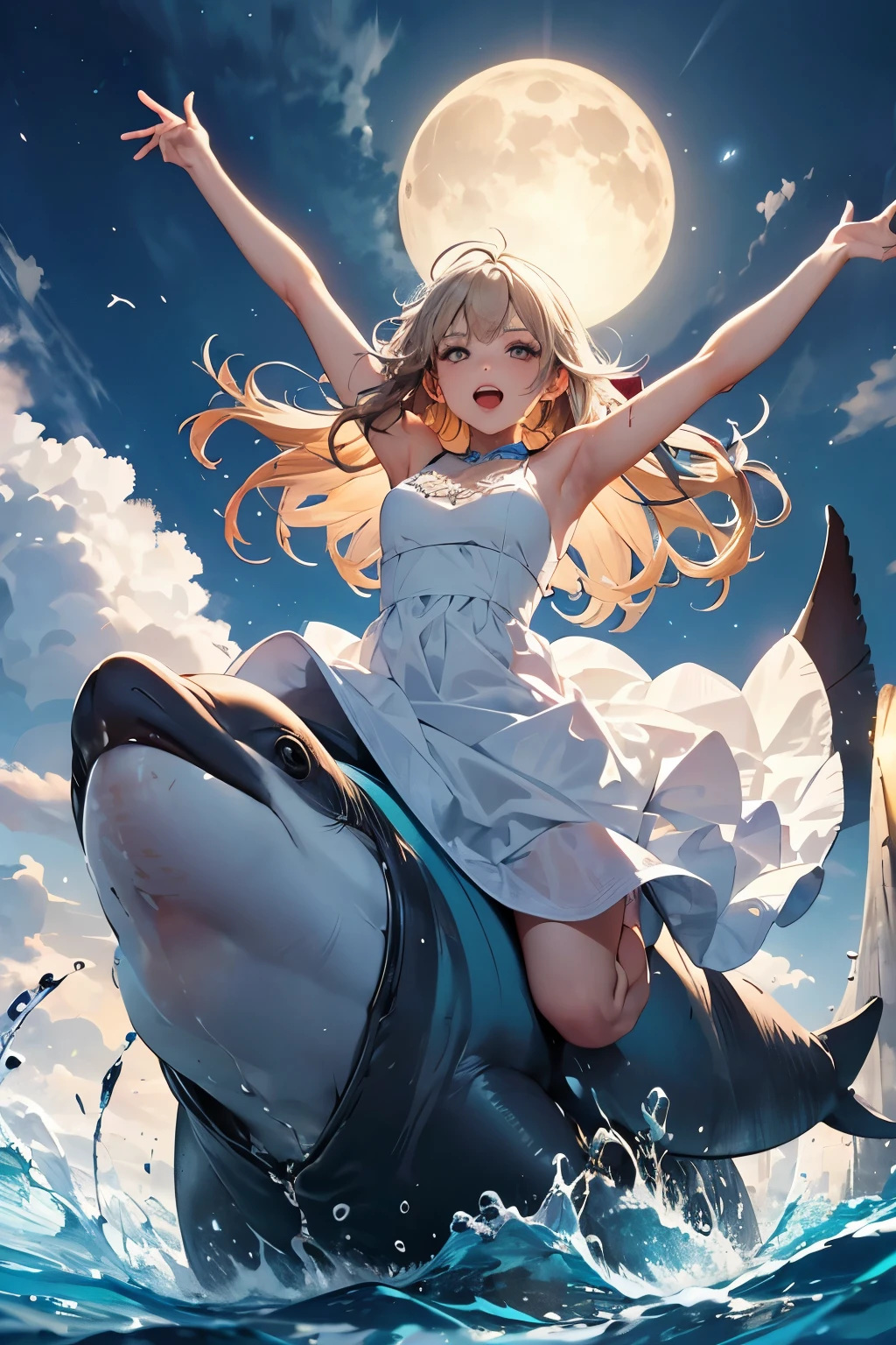 A mature woman on the back of a dolphin with her arms outstretched and feeling the wind, long hair, illuminated by moonlight, sea spray, a masterpiece, her white dress getting wet, looking at the viewer.