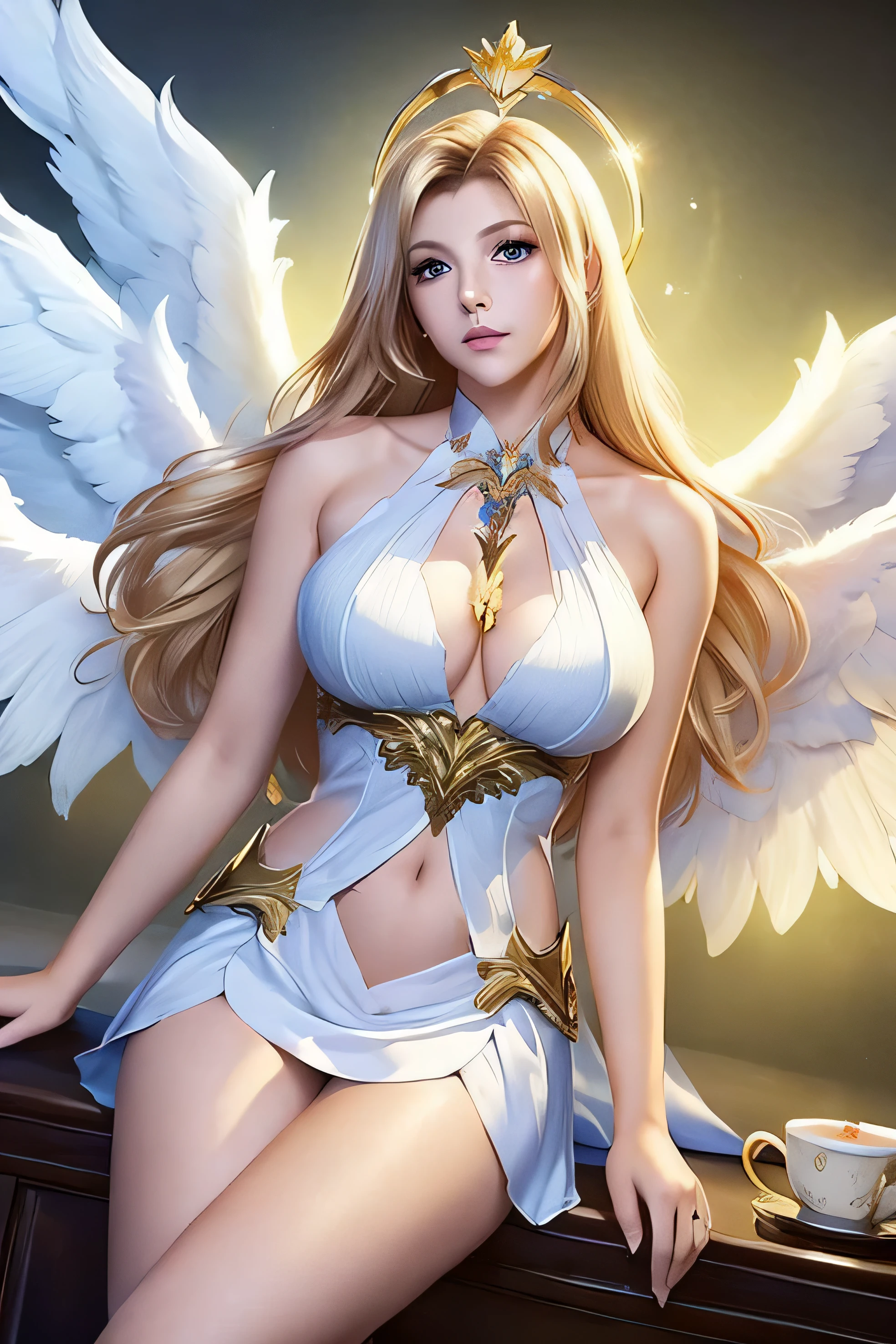 1girl, angel, angel wings, bare shoulders, blonde hair, breasts, dress, feathered wings, halo, jewelry, long hair, big breasts, white wings, wings, a beautiful woman with angel wings and a halo around her neck and a cup of tea in her hand, Epsylon Point, league of legends splash art, a detailed painting, fantasy art, (masterpiece, best quality:1.5), open belly, 