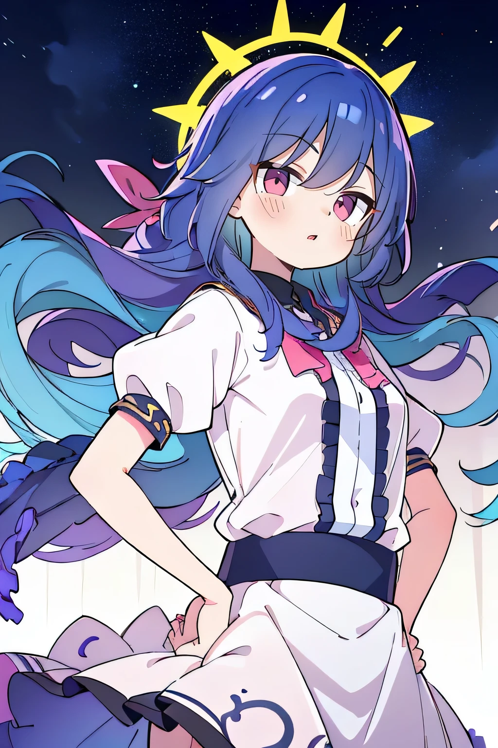 (best quality,highres,masterpiece:1.2),ultra-detailed,(realistic:1.37), expressive eyes, perfect face, 1 girl, hands on waist, beautiful, glamorous, Japanese anime, girl, Lola, Chouno Angel, blue hair, floating clothes, waist grabbing, hands on hips, flat-chested, starry sky