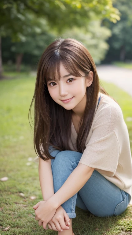 brown hair,medium hair,Female in her early 20s, small nose, with the correct look, Cute natural smile, Japanese facial features, Clean and cute face, cute realistic portrait, asian face, 8k photo, soft makeup,natural skin texture,Raw photo,highest quality,Full Body Shot,(leaning forward:1.3), (hands on knees:1.3)
