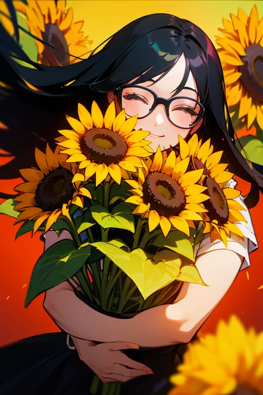 beautiful girl with glasses, long black hair, bouquet of sunflowers and red roses, bright colors, smile, 8K quality, cinematic focus, closed my eyes
