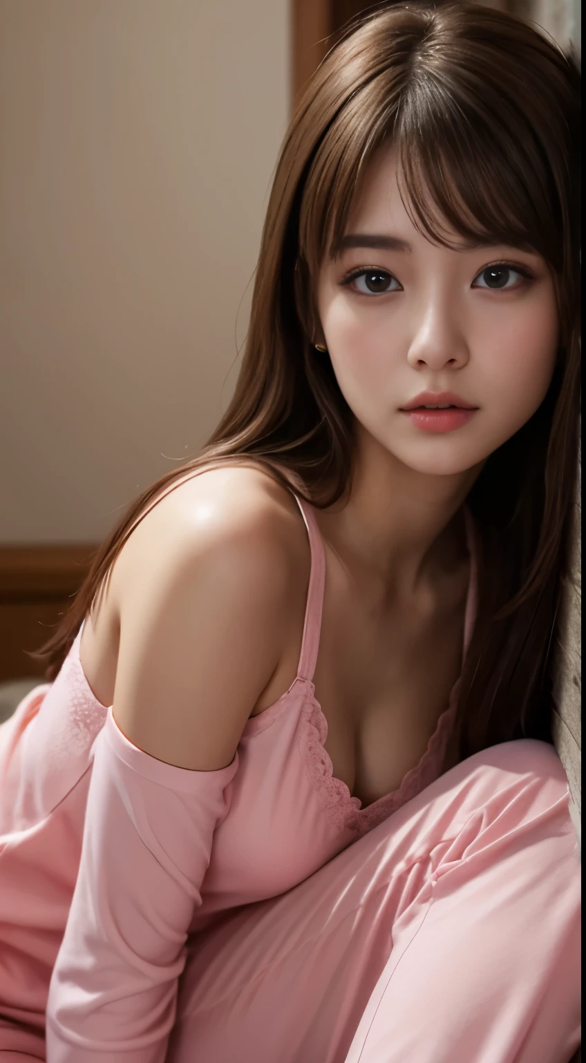 sleeping girl, 22 years old, actual, She is wearing pink pajamas, brown hair.photo realistic woman, Woman with brown eyes, brown hair, ultra high definition, surreal style, Angel, detailed脸 ((best quality)), ((masterpiece)), (detailed), wallpaper,shield,横shield