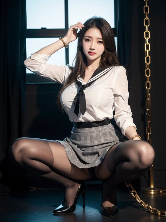 (whole body:1.5),((girl):1.4),(view viewer:1.4),(anatomically correct:1.3),(Brown and tan sailor suit and plaid high-waisted pleated skirt :1.2),((white pantyhose):1.32),( girl ),((Metal shackles and handcuffs):1.3),(Accurate and perfect face shape:1.3),ultra high definition, Ray tracing, reflected light, Quite accurate, face lighting ,movie lighting, masterpiece, super detailed, high quality, high detail, best quality, 16K,high contrast,huge breasts,thin waist,wear high heel shoes,Squat down,spread legs,Put your hands behind your back,A well-behaved and obedient sister,Happy expression,Obedient personality、Follow everything,Likeable,付出型性格和Likeable的个性,absolute obedience,Obedient personality、Likeable,pride of obedience,waiting for command