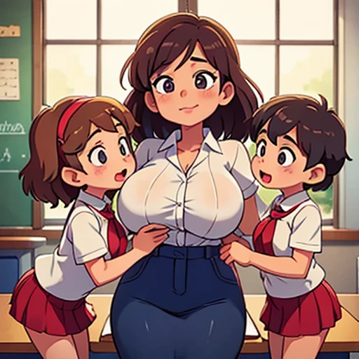  Teacher with bigbreasts kissing with a little girls,,lesbian,school