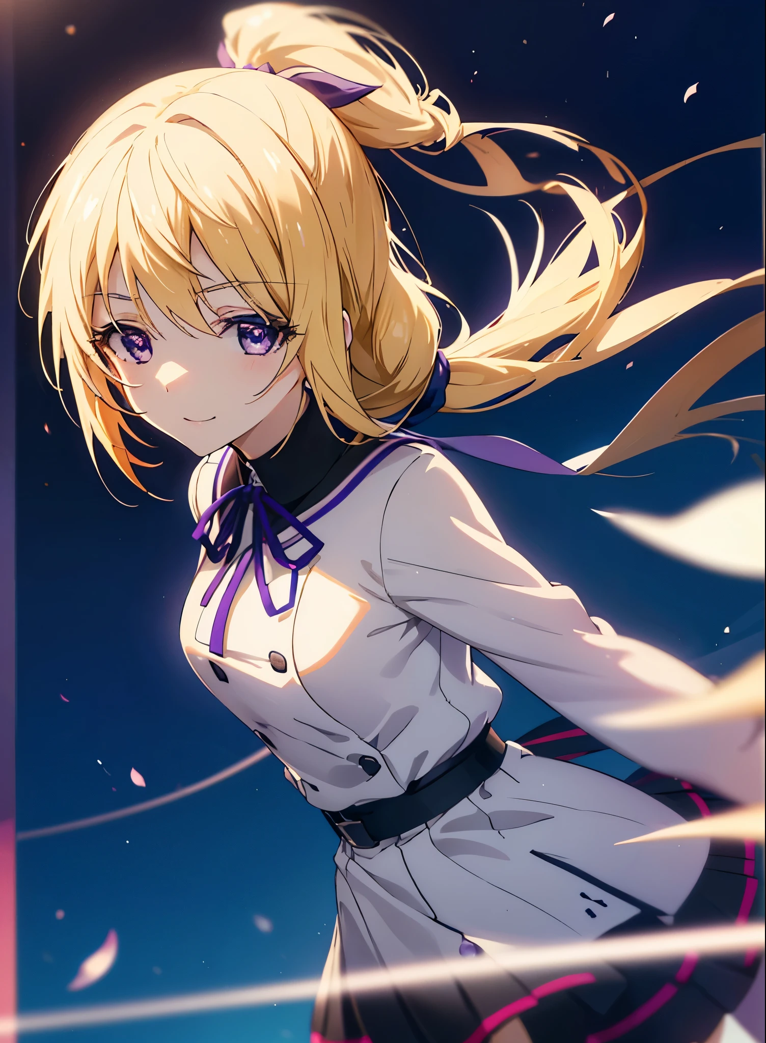 charlotte denois, Charlotte Dunois, long hair, blonde hair, ribbon, (purple eyes:1.1), ponytail,happy smile, smile, open your mouth, break , japanese high school girl uniform(black sailor suit),black pleated skirt,white pantyhose,brown loafers,walk,sunset,evening,the sun goes down,look from top to bottom,break outdoors, city,building street, break looking at viewer, Upper body,break (masterpiece:1.2), highest quality, High resolution, unity 8k wallpaper, (shape:0.8), (fine and beautiful eyes:1.6), highly detailed face, perfect lighting, Very detailed CG, (perfect hands, perfect anatomy),