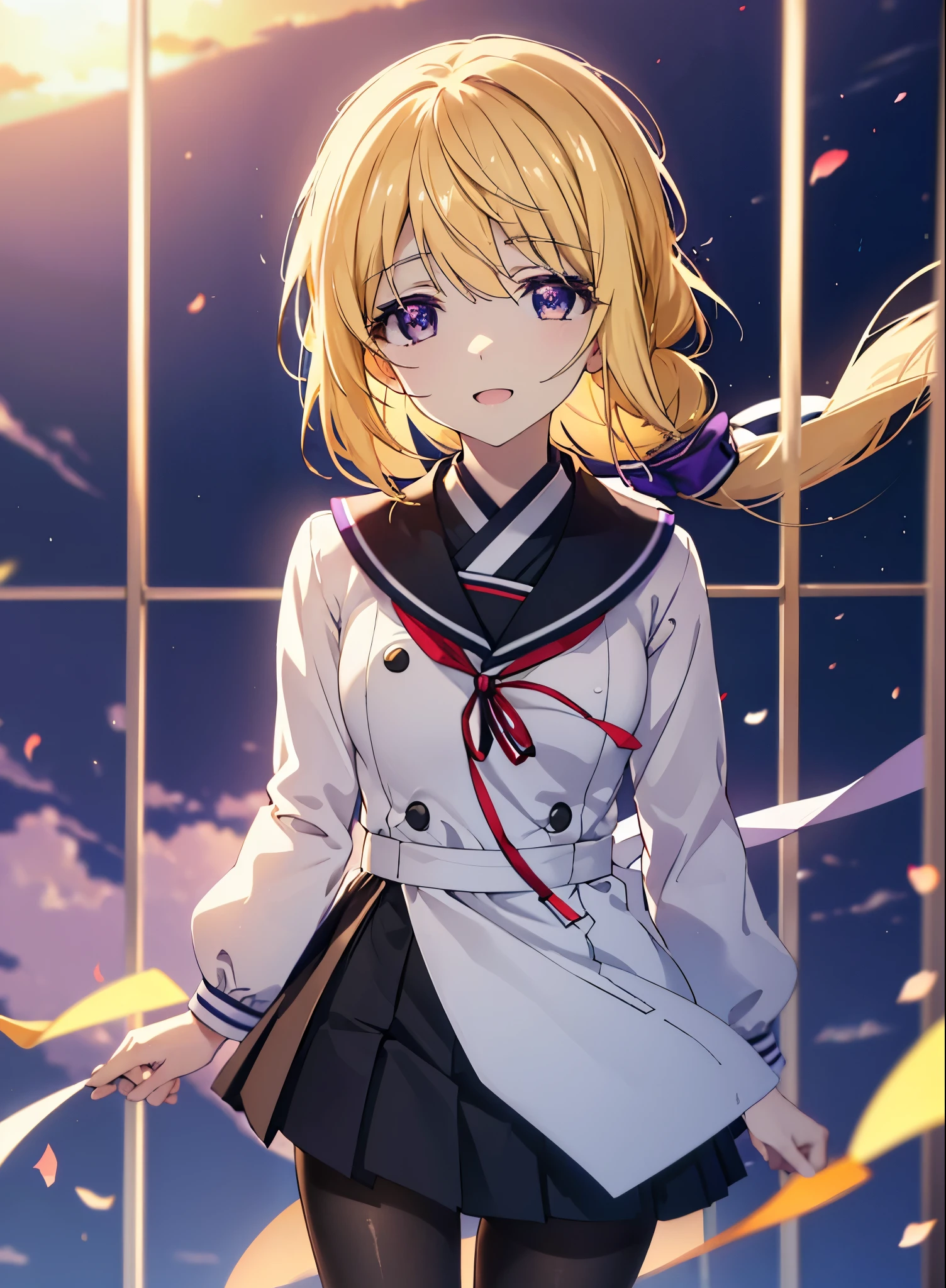 charlotte denois, Charlotte Dunois, long hair, blonde hair, ribbon, (purple eyes:1.1), ponytail,happy smile, smile, open your mouth, break , japanese high school girl uniform(black sailor suit),black pleated skirt,white pantyhose,brown loafers,walk,sunset,evening,the sun goes down,look from top to bottom,break outdoors, city,building street, break looking at viewer, Upper body,break (masterpiece:1.2), highest quality, High resolution, unity 8k wallpaper, (shape:0.8), (fine and beautiful eyes:1.6), highly detailed face, perfect lighting, Very detailed CG, (perfect hands, perfect anatomy),