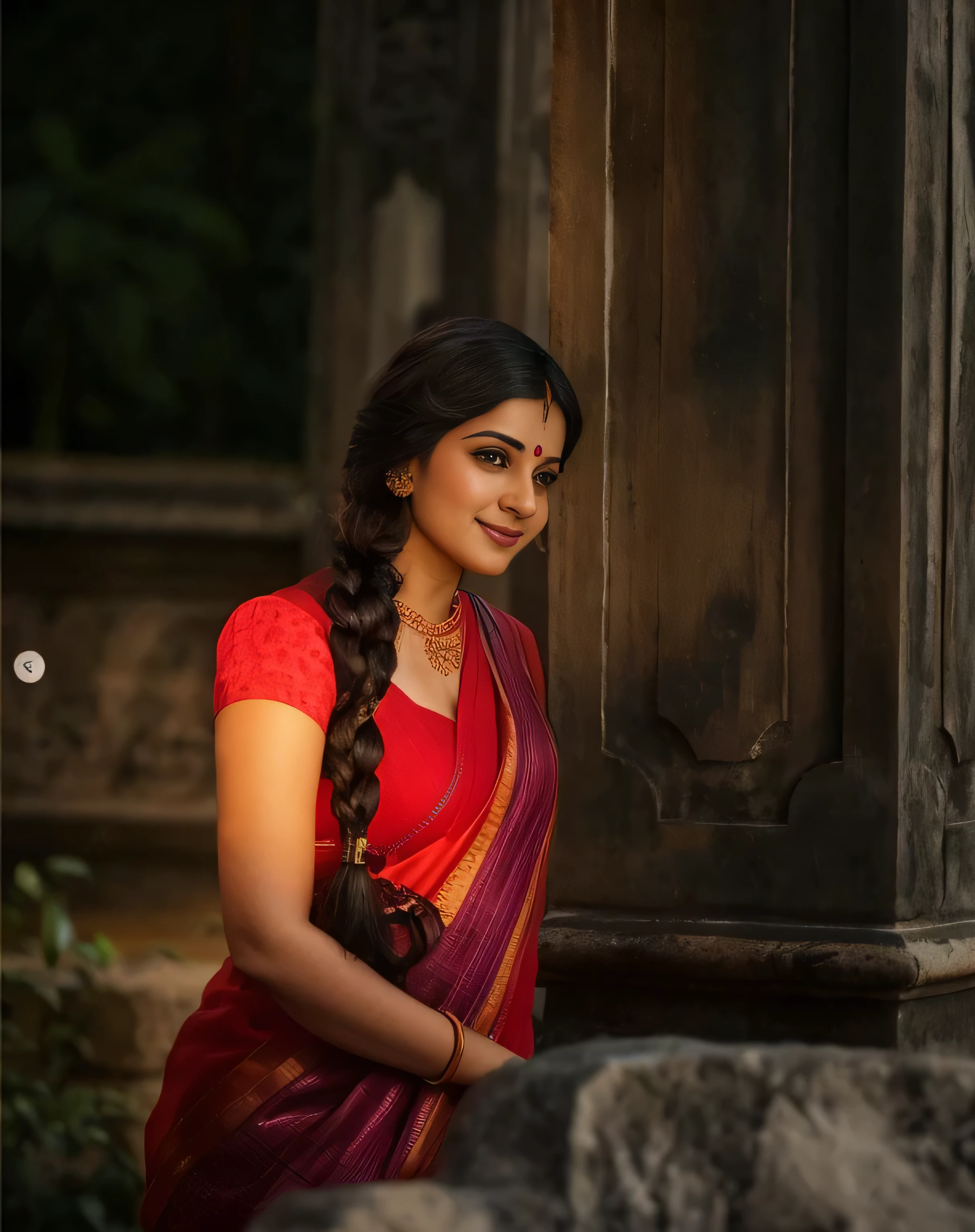 a woman in a red sari posing for a picture, traditional beauty, inspired by T. K. Padmini, movie stills photography, traditional female hairstyles, still from a movie, mid shot portrait, a still of a happy, promotional movie still, dressed in a sari, film promotional still, inspired by Raja Ravi Varma, with lovely look, film still from the movie
