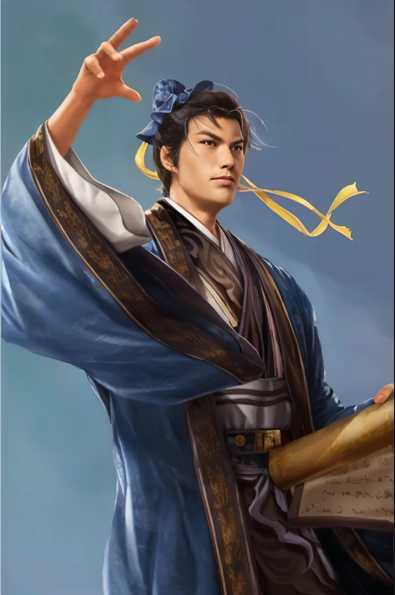 Close-up of a man in a blue robe holding a scroll, zhao yun, heise jinyao, author：Yang Jie, inspired by Guan Daosheng, Inspired by Cao Zhibai, by Li Zai, Inspired by Zhu Derun, Inspired by Zhao Yuan, author：Yang Borun, inspired by Zhao Mengfu