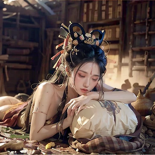 NSFW、perfect face、Mrs. Mi、Three Kingdoms、battle of nagasaka、dirty with dust and mud、big 、full nude、full body、big areola、Pubic hair of the same color as the hair、In a dark, shabby hut、messy hair、sweating、after being raped、Are crying、looking at me with a frightened face、sleeping on a snail