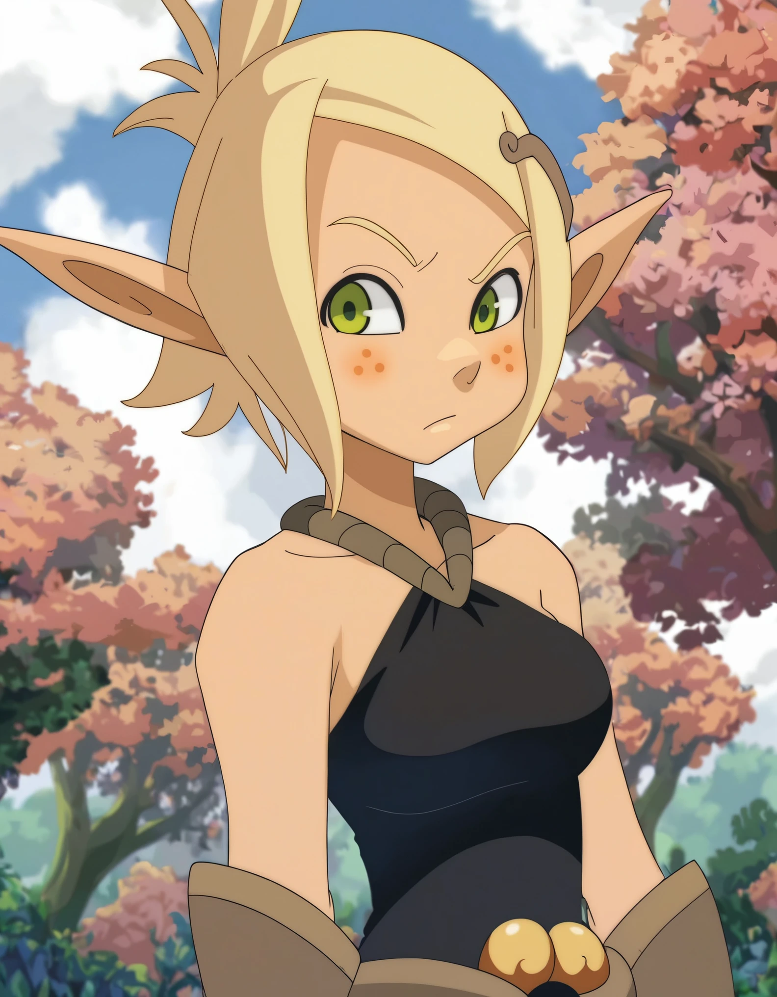 score_9, score_8_up, score_7_up, anime screenshot, looking at viewer, clouds, upper body, 
1girl, evangelyne s1, short hair, ponytail, blonde hair, hair ornament, pointy ears, light freckles, green eyes, black dress, brown gloves, 
BREAK
official wallpaper, atmospheric perspective, looking at viewer, tree,