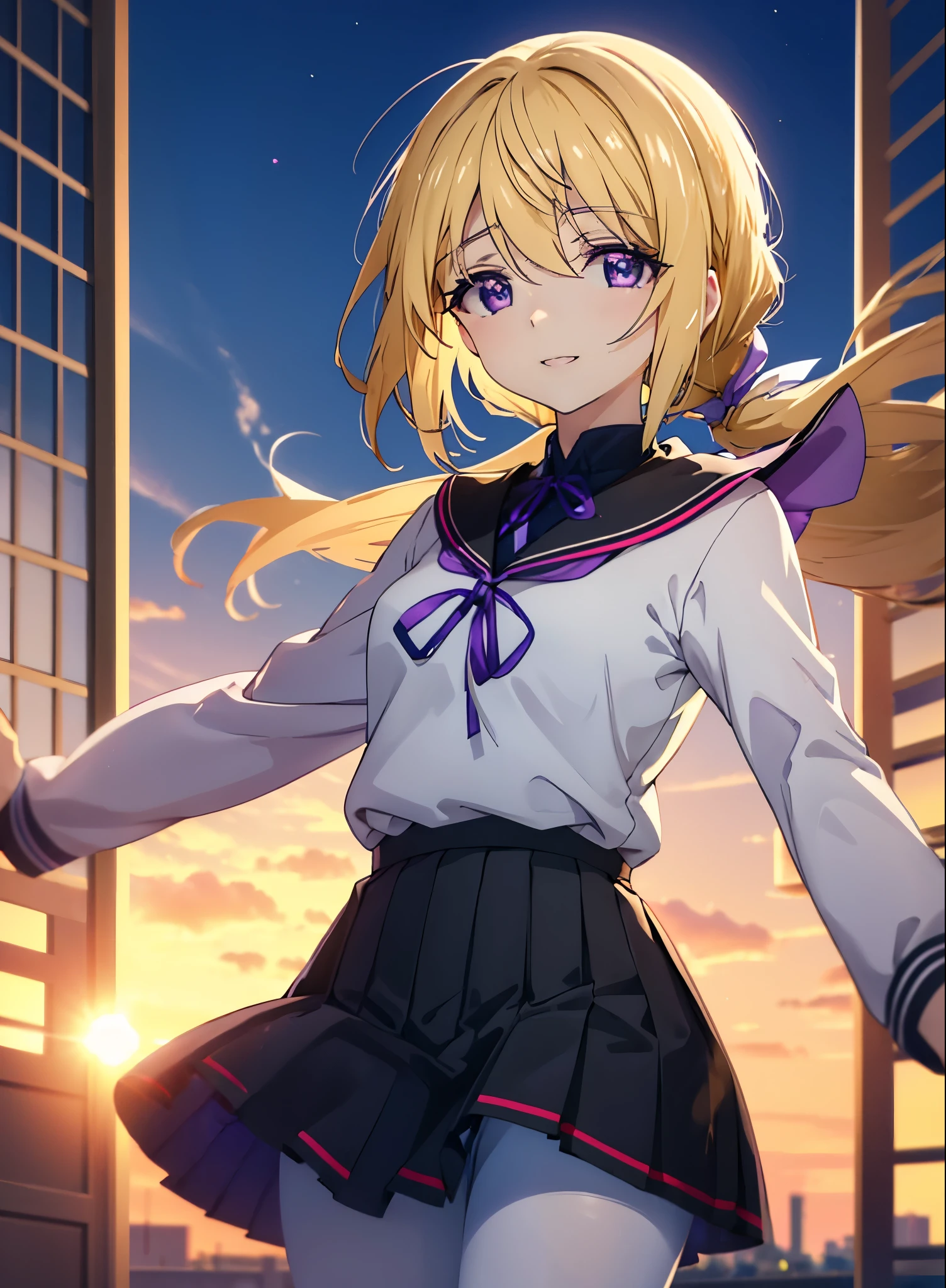 charlotte denois, Charlotte Dunois, long hair, blonde hair, ribbon, (purple eyes:1.1), ponytail,happy smile, smile, open your mouth, break , japanese high school girl uniform(black sailor suit),black pleated skirt,white pantyhose,brown loafers,walk,sunset,evening,the sun goes down,look from top to bottom,break outdoors, city,building street, break looking at viewer, Upper body,break (masterpiece:1.2), highest quality, High resolution, unity 8k wallpaper, (shape:0.8), (fine and beautiful eyes:1.6), highly detailed face, perfect lighting, Very detailed CG, (perfect hands, perfect anatomy),
