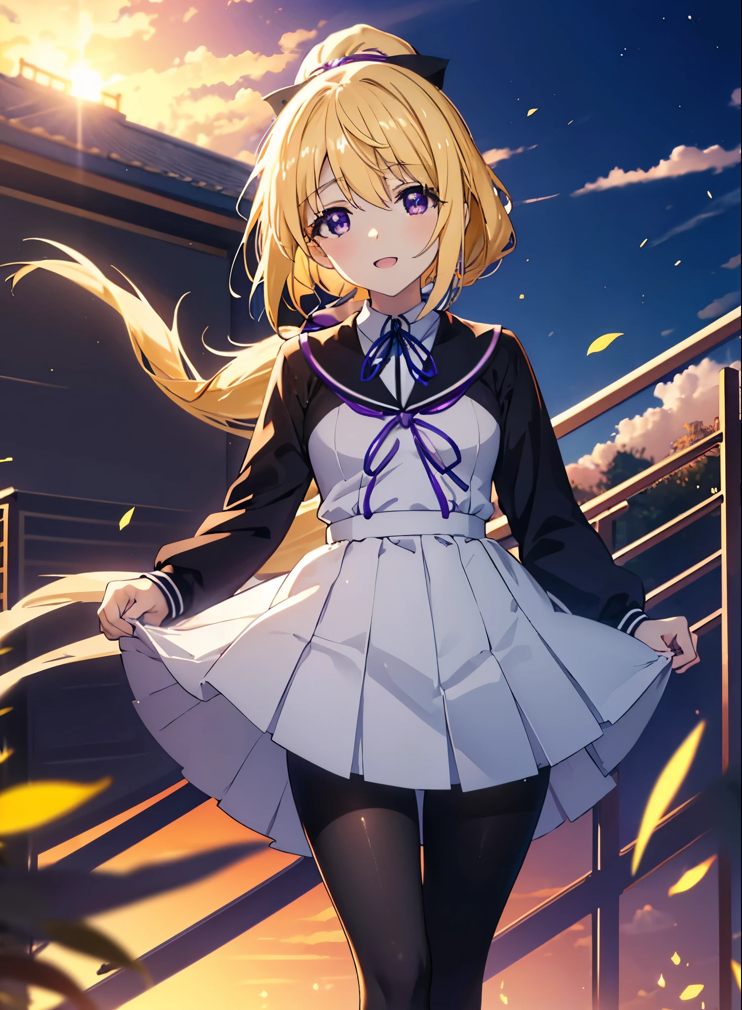 charlotte denois, Charlotte Dunois, long hair, blonde hair, ribbon, (purple eyes:1.1), ponytail,happy smile, smile, open your mouth, break , japanese high school girl uniform(black sailor suit),black pleated skirt,white pantyhose,brown loafers,walk,sunset,evening,the sun goes down,look from top to bottom,break outdoors, city,building street, break looking at viewer, Upper body,break (masterpiece:1.2), highest quality, High resolution, unity 8k wallpaper, (shape:0.8), (fine and beautiful eyes:1.6), highly detailed face, perfect lighting, Very detailed CG, (perfect hands, perfect anatomy),